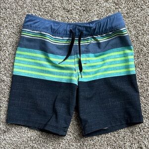 Hurley Kid's Blue and Green Striped Swim Shorts, Size 4